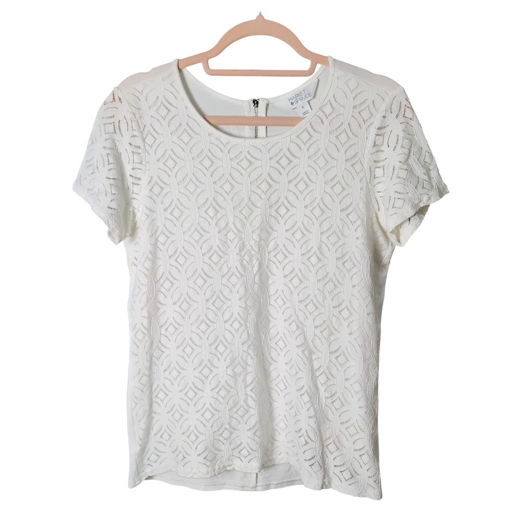 Market‎ & Spruce White Lace Top Blouse Size S Short Sleeve Lined